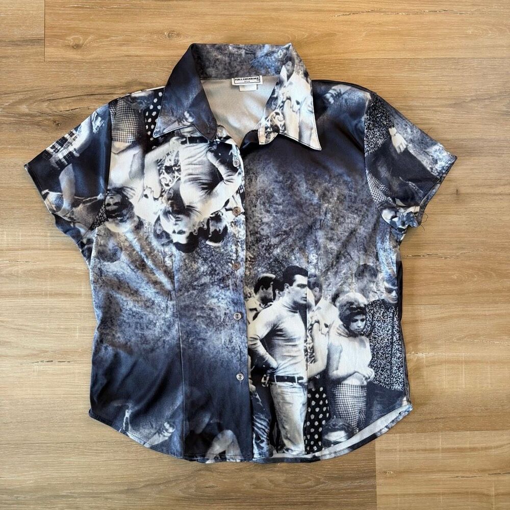 Vintage 90s Full Coverage Black & White Photo Print Button Up Collar Shirt Sz L